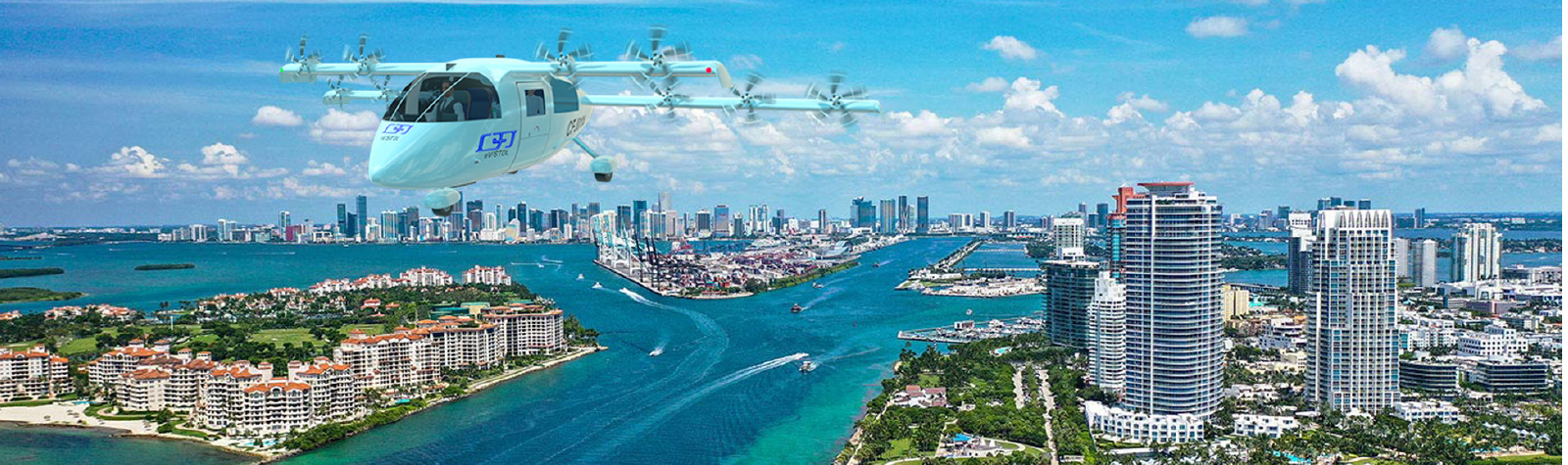eVTOL illustration flying over Miami skyline