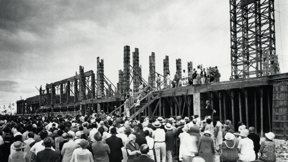 More than 7,000 people gathered for the cornerstone laying of what was intended to be the first University building.