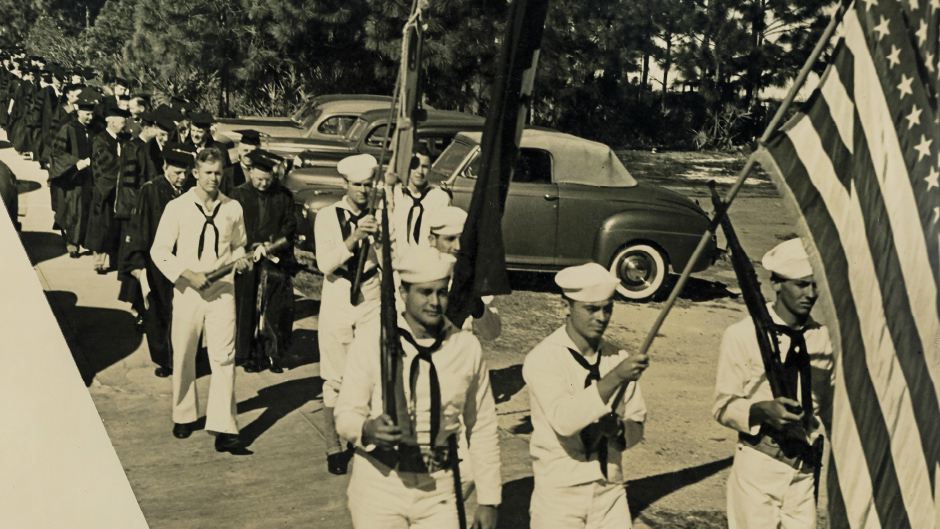 Military cadets march in the commencement procession, 1944.