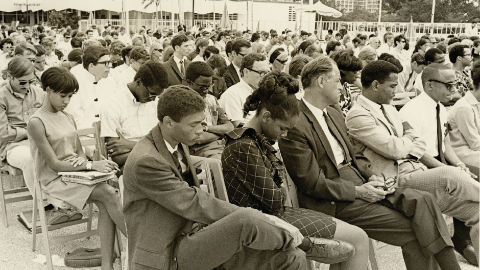 Students attended a memorial service for Martin Luther King Jr. days after his assassination and seven years after the Board of Trustees approved desegregation in 1968.
