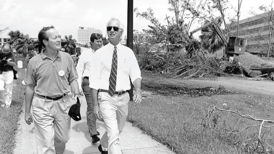 President Tad Foote’s leadership following Hurricane Andrew in 1992 helped galvanize both the University and the community at large. Here he tours the campus with former Secretary of Education Lamar Alexander, left.