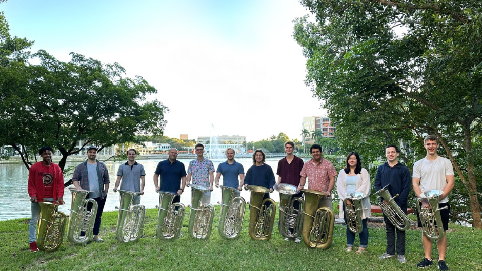 Some of the Frost School’s “top brass” show the instruments they are learning to master.
